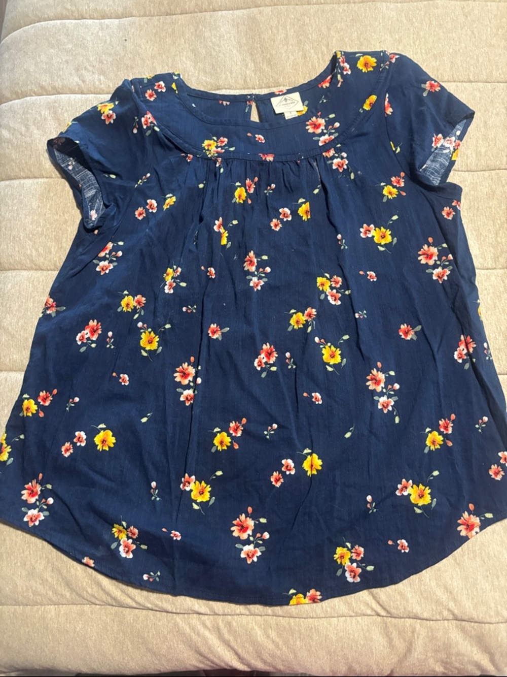 St. John's Bay Navy Floral Short Sleeve Top with Yellow & Pink Flowers